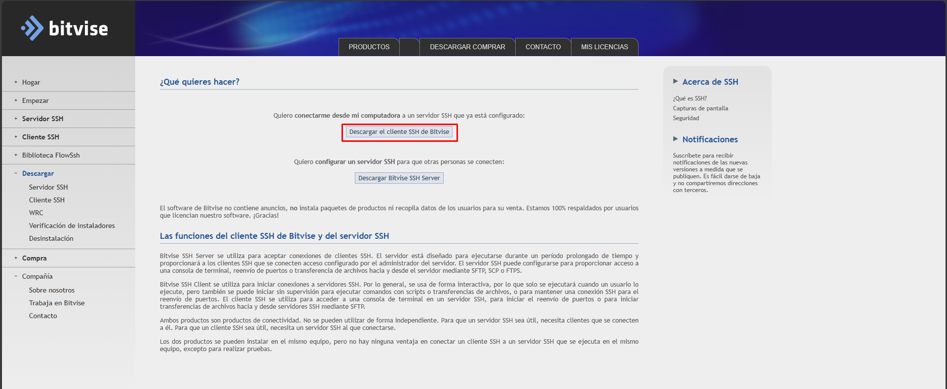 Página de Descarga de Bitvise
