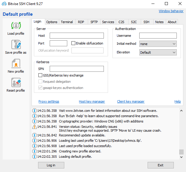 Ventana de Login de Bitvise